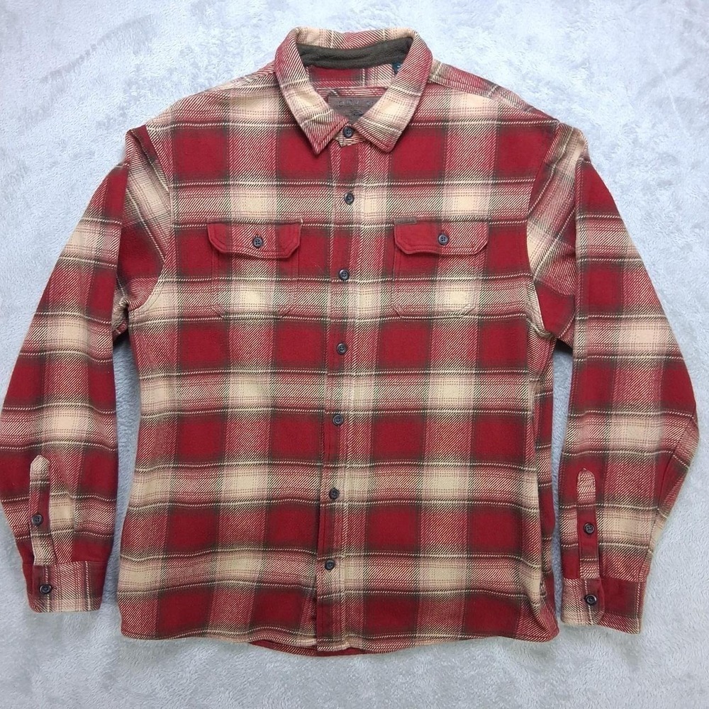 Orvis Mens Heavy Flannel Shirt Red Tan Plaid Button Up Long Sleeve Size XL